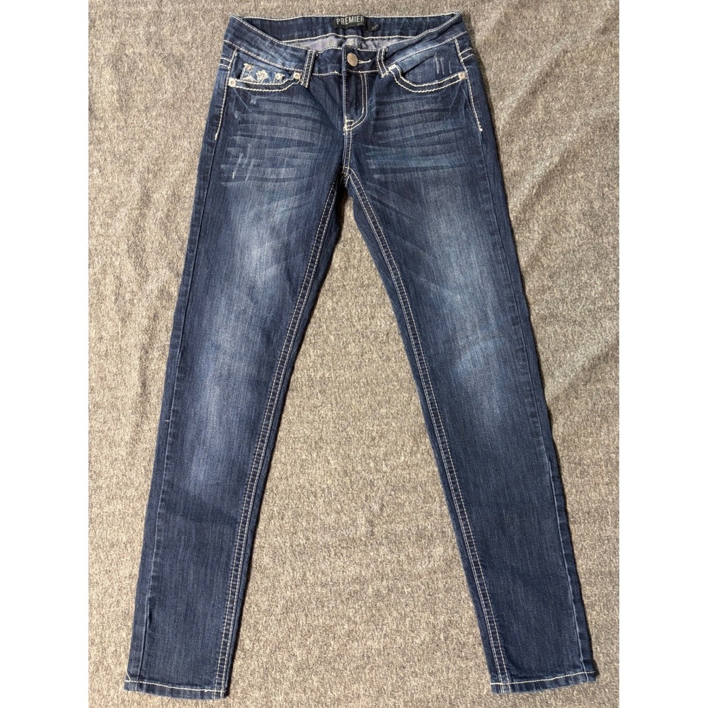 Premier by Rue21 Womens Skinny Jeans Dark Wash Embroidered Pockets Size 5/6R